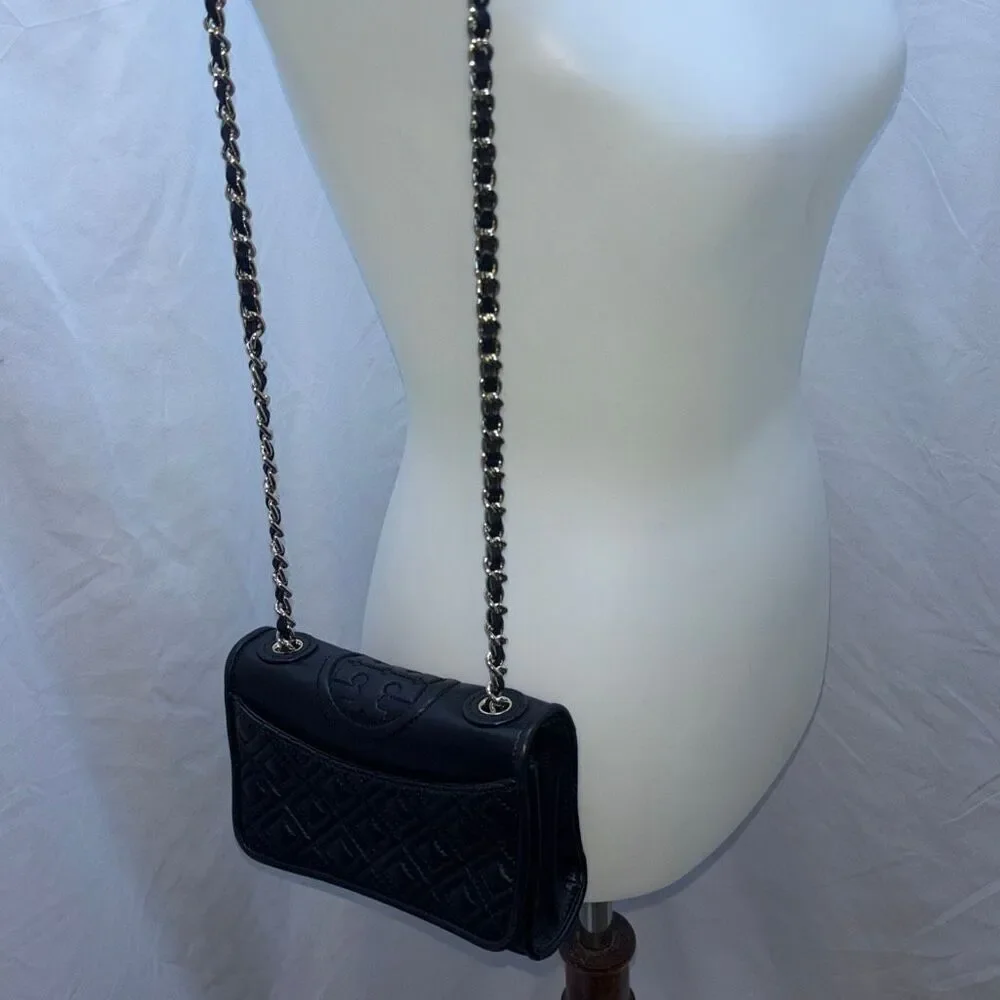 Tory Burch Fleming black soft leather quilted convertible purse crossbod shouldr